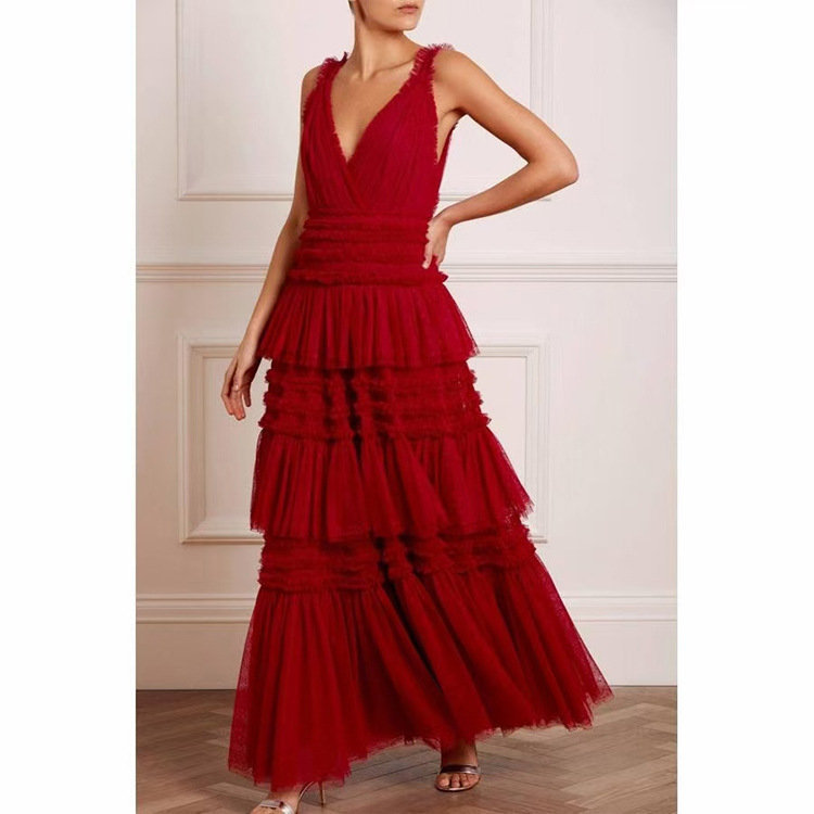 Deep V Neck Sleeveless Ruffle Maxi Dress