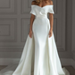 Satin Off-The-Shoulder Short Sleeves Brush Train Wedding Dress