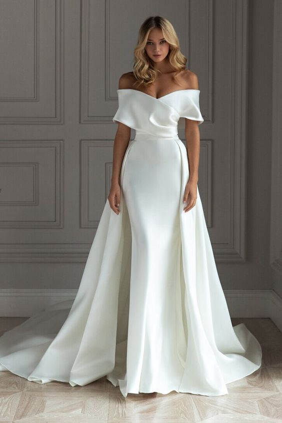 Satin Off-The-Shoulder Short Sleeves Brush Train Wedding Dress