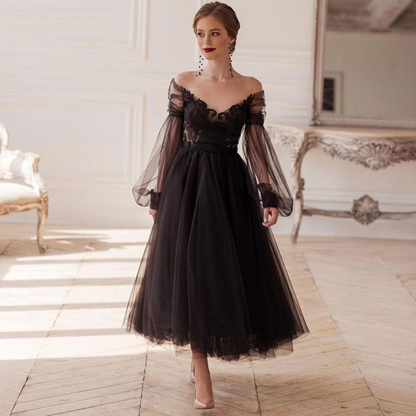 Applique Long Sleeve Tulle A Line Evening Dress