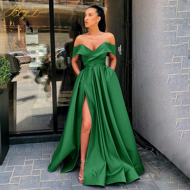 Off Shoulder Sleeveless Split Long Prom Dress