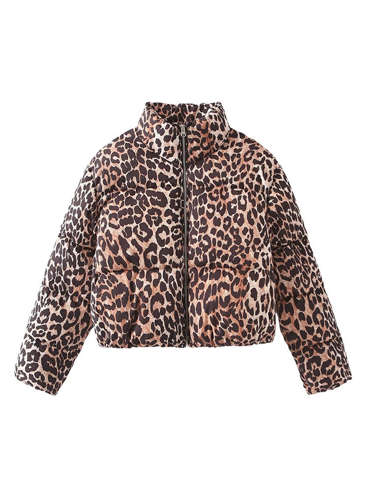 Leopard Print Puffer Zipper Jacket