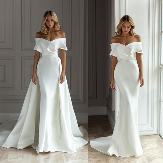 Satin Off-The-Shoulder Short Sleeves Brush Train Wedding Dress