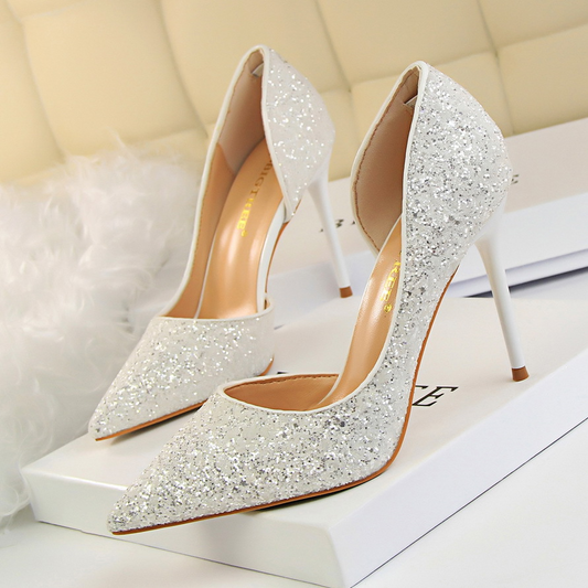 Glitter Stiletto Heel High Point Toe Wedding Heels