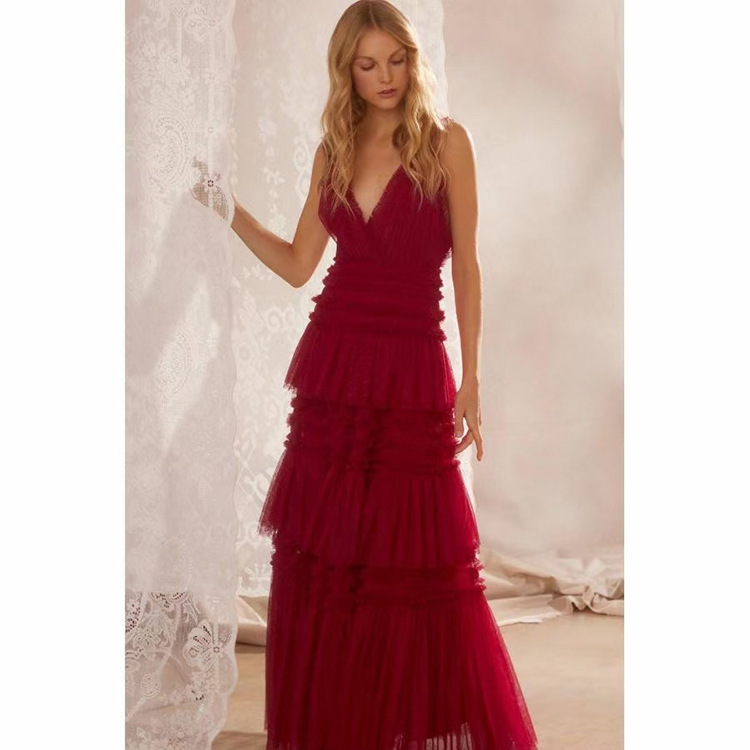 Deep V Neck Sleeveless Ruffle Maxi Dress