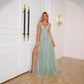 Deep V-neck Tulle Applique Sleeveless Brush Train Prom Dress