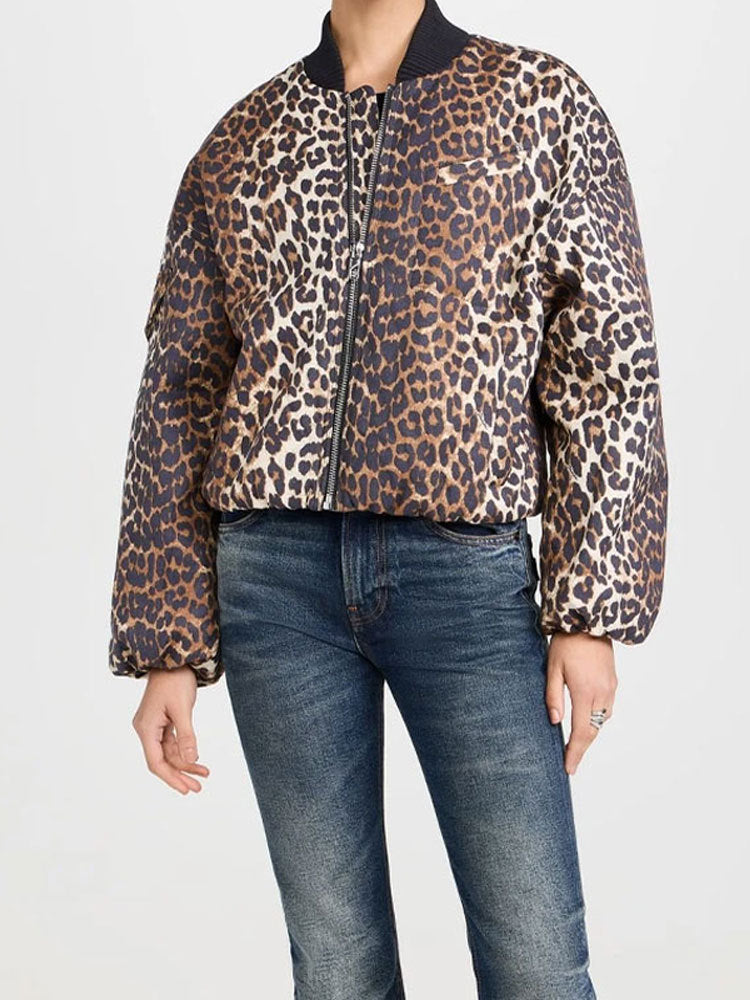 Leopard Print Patchwork Stand Collar Jacket