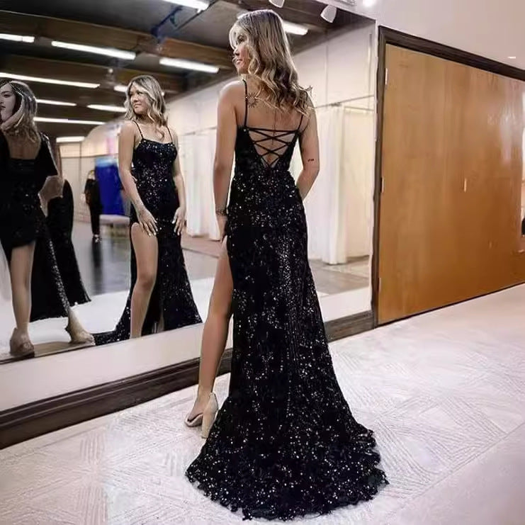 Column Spaghetti Straps Sleeveless Sweep Train Prom Dress