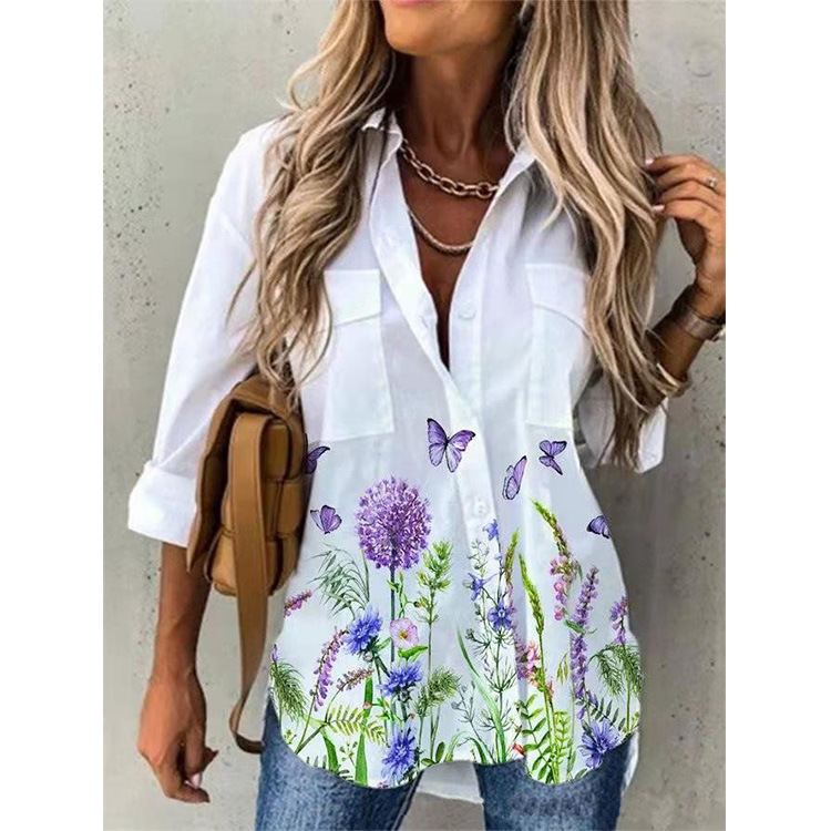 White Butterfly Printed Buttoned Front Shirt