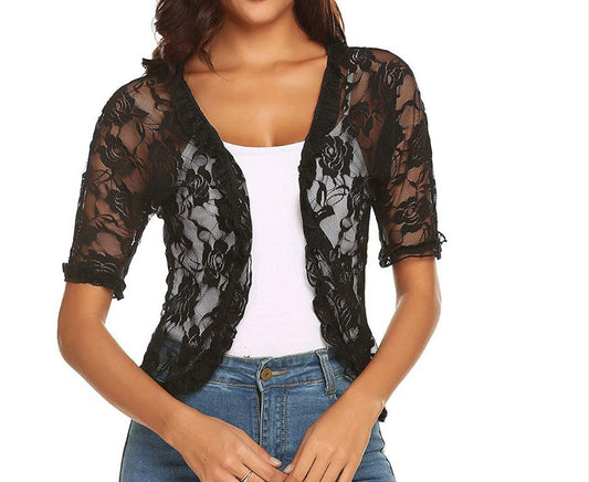 Floral Lace Half Sleeves Casual Shawl