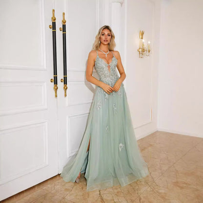 Deep V-neck Tulle Applique Sleeveless Brush Train Prom Dress