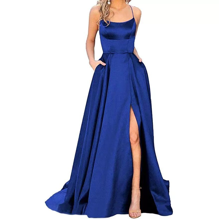 A-Line Spaghetti Strap Sleeveless Long Slit Maxi Dress