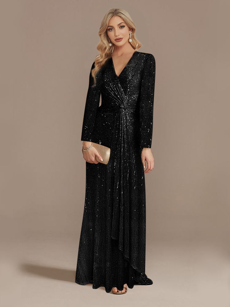 Long Sleeve V Neck Sequined Evening Dress