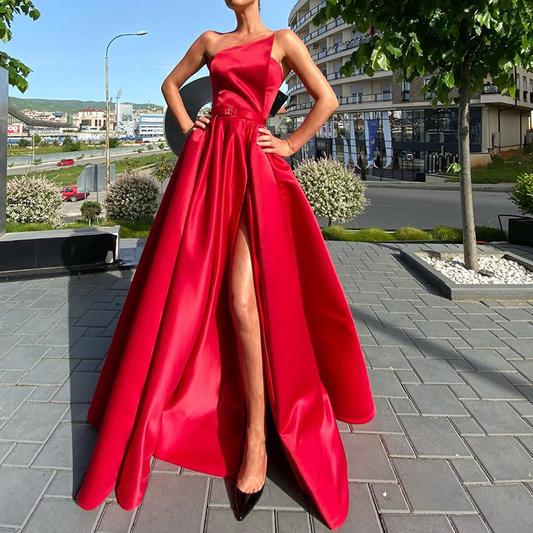 A-line One-Shoulder Ruffles Floor-Length Satin Dress