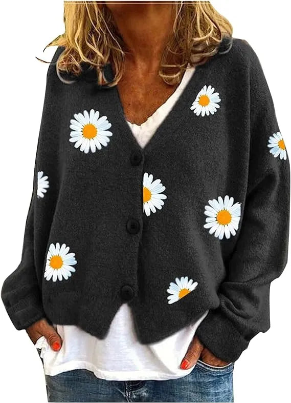 Women's Floral Print  Button Down Ribbed Sweater