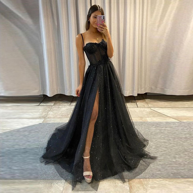 Spaghetti Straps Sleeveless Ruffles Brush Train Prom Dress