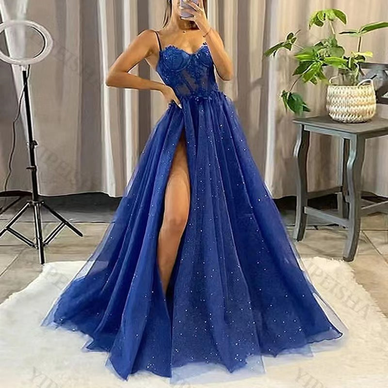 Spaghetti Straps Sleeveless Ruffles Brush Train Prom Dress