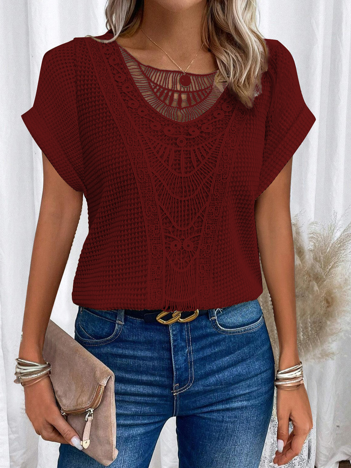 Lace Short Sleeves Crew Neck Top