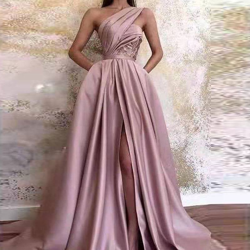 Rosy Brown Satin One Shoulder Split Prom Dress