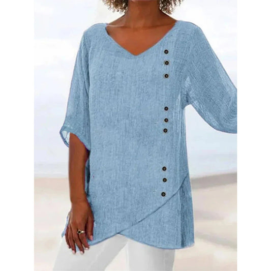 V Neck Solid Half Sleeves with Buttons Casual Blouse & Top