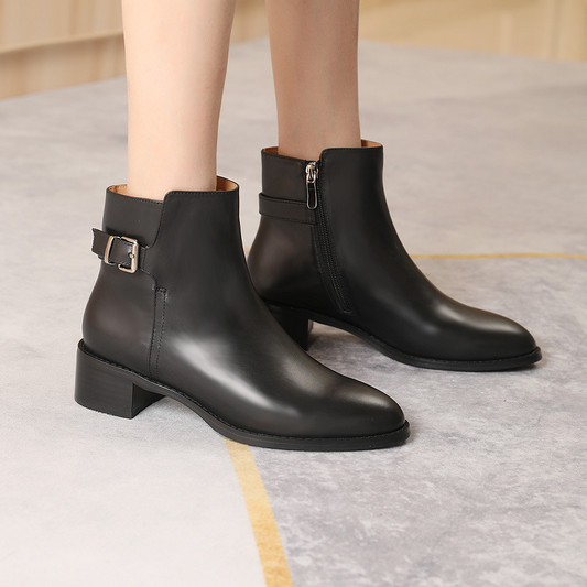 Black Round Toe Buckle Ankle Boots