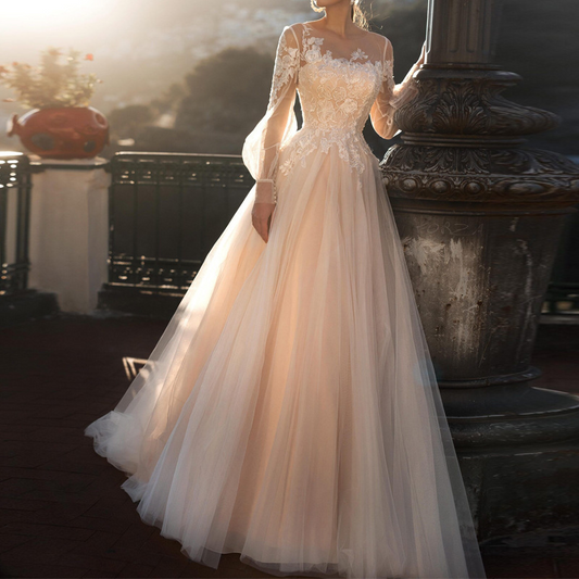 A-Line Illusion Neck Long Sleeve Wedding Dress