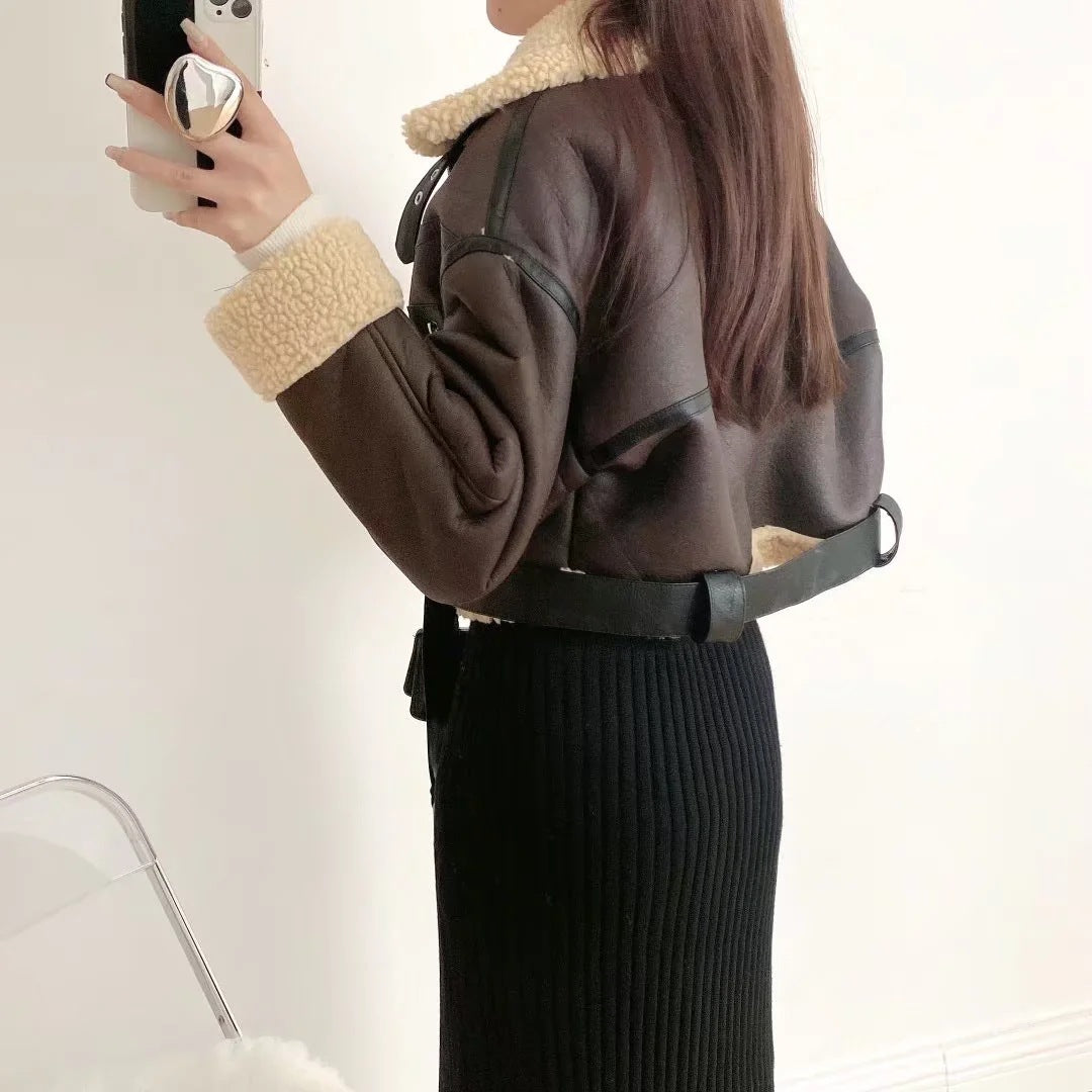 Faux Leather Fur Thick Short Jacket With Belt