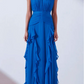 Sleeveless Waist-Cinching Pleated Ruffle Hem Patchwork Maxi Dress