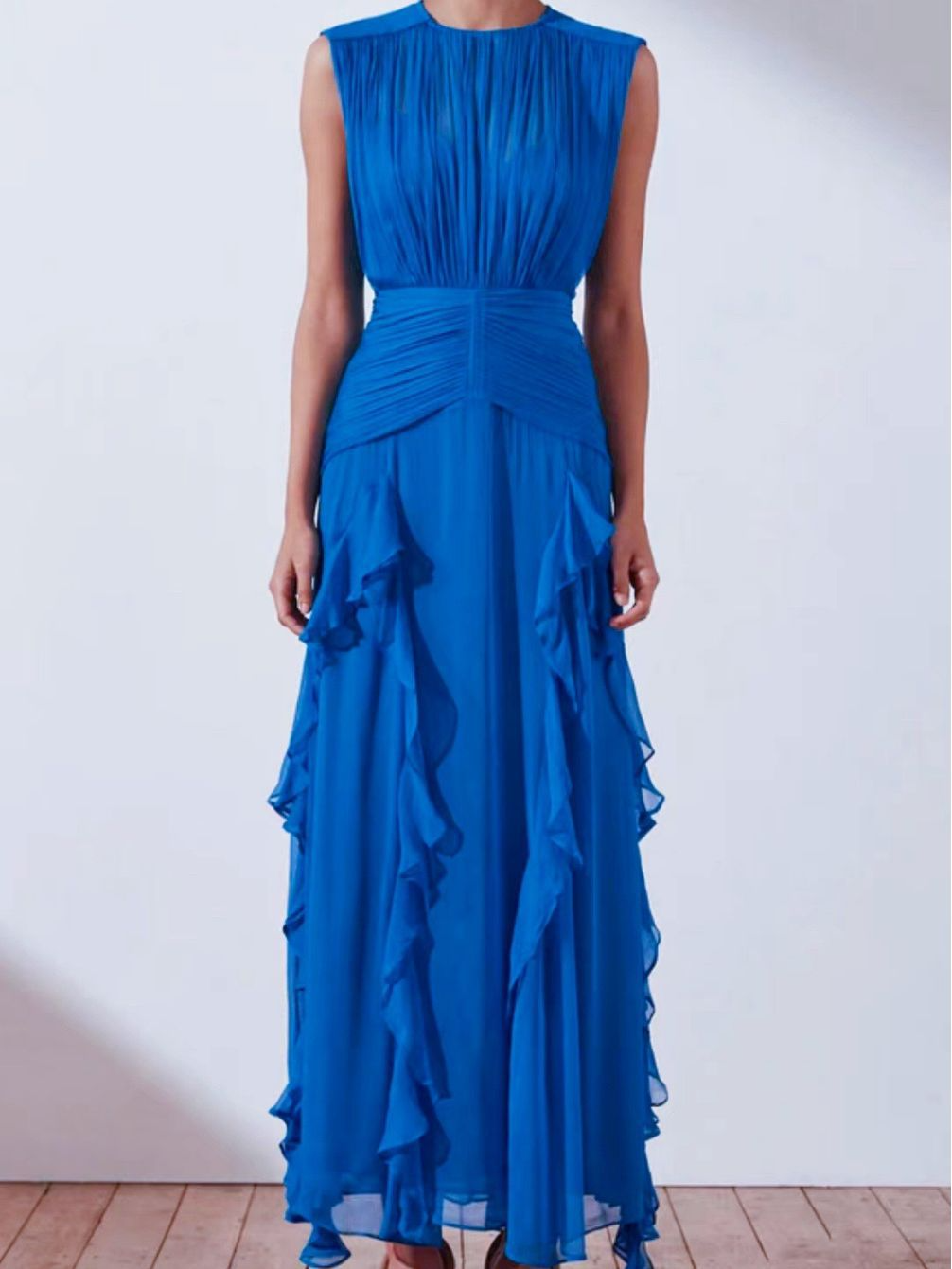 Sleeveless Waist-Cinching Pleated Ruffle Hem Patchwork Maxi Dress