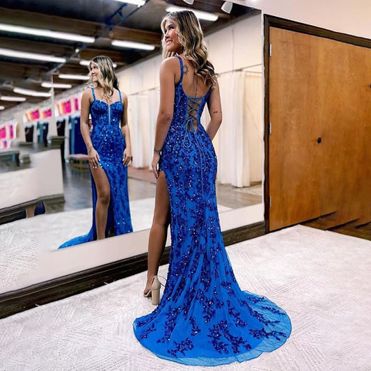 Lace Straps Sleeveless Brush Train Prom Dress