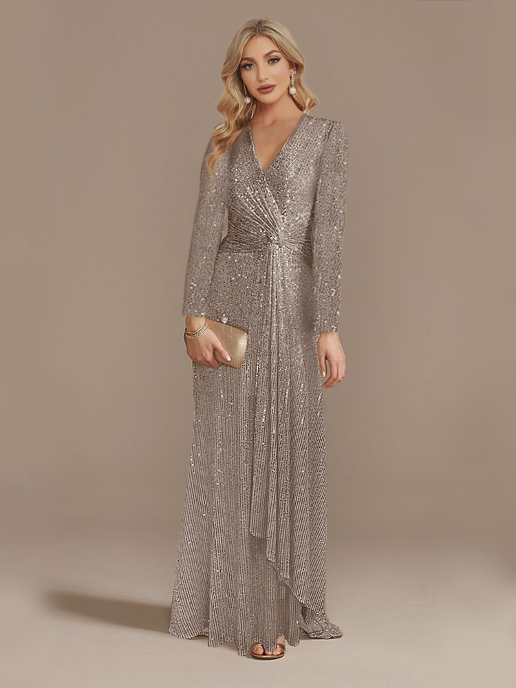 Long Sleeve V Neck Sequined Evening Dress