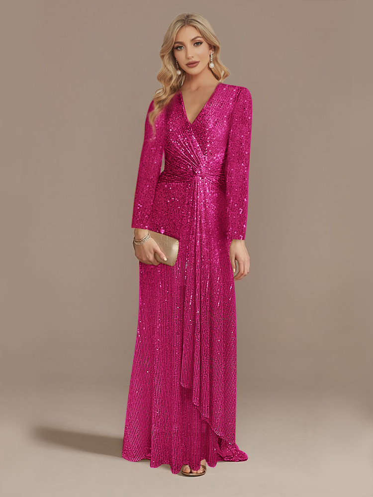 Long Sleeve V Neck Sequined Evening Dress