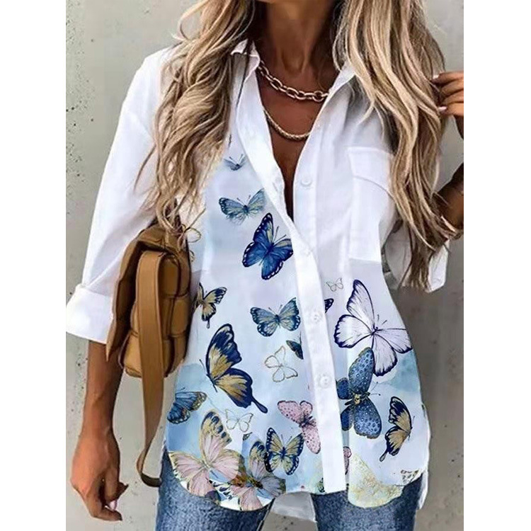 White Butterfly Printed Buttoned Front Shirt