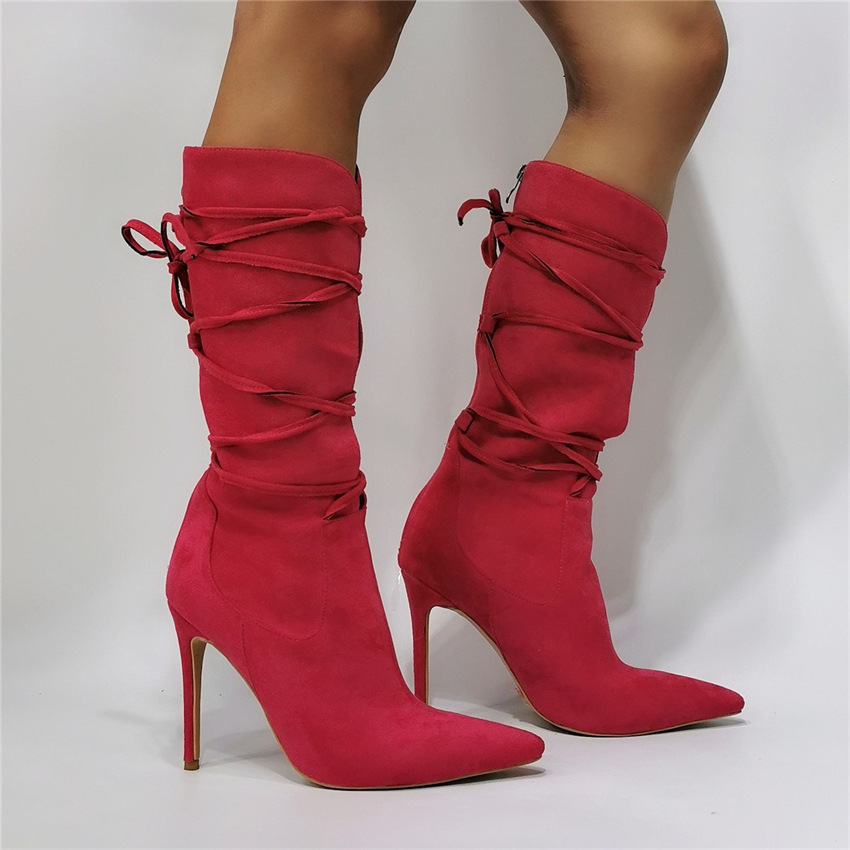 Women Pointed Toe Lace Up High Heel Boots