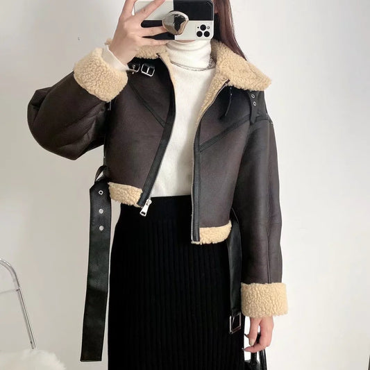 Faux Leather Fur Thick Short Jacket With Belt