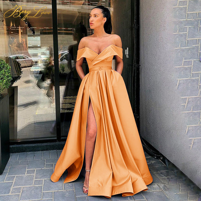 Off Shoulder Sleeveless Split Long Prom Dress