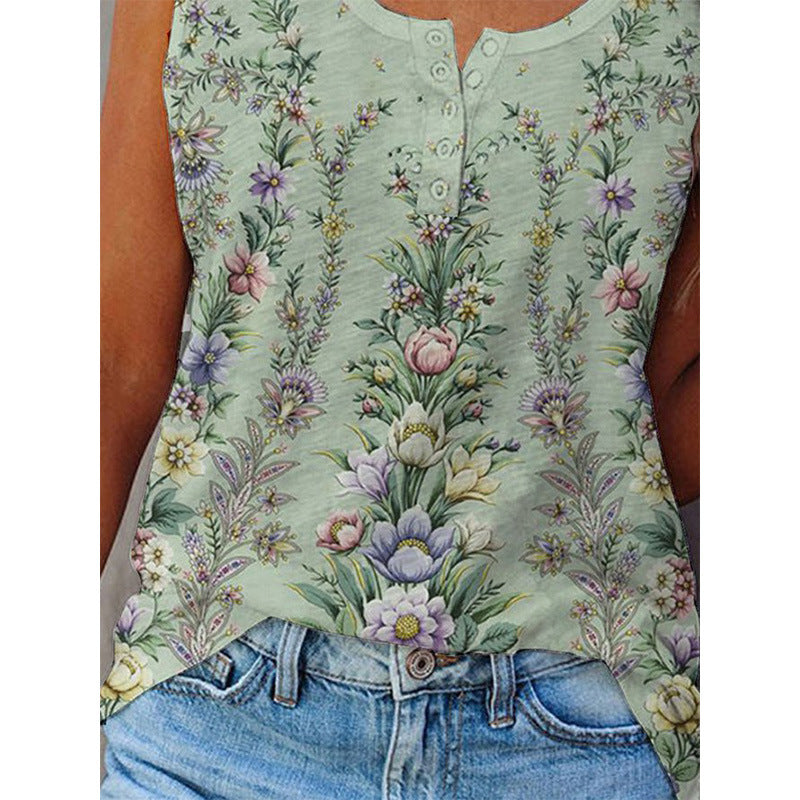 Floral Print Buttons Sleeveless Vest Tops