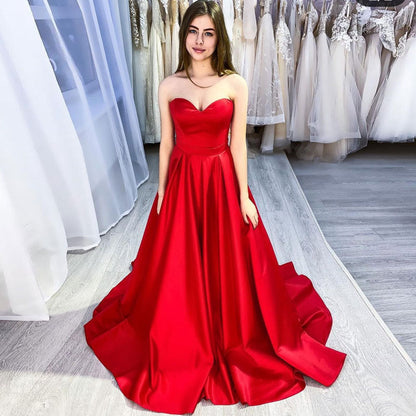 Red Satin Tube Top Bandeau Prom Dress