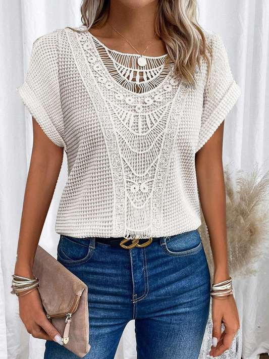 Lace Short Sleeves Crew Neck Top