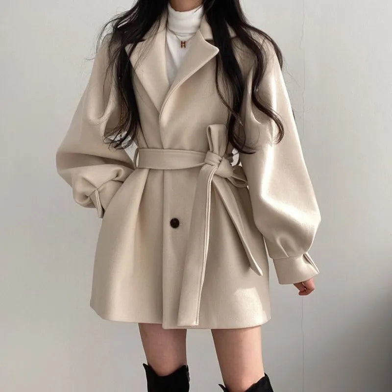 Puff Sleeve Belted Woolen Coat