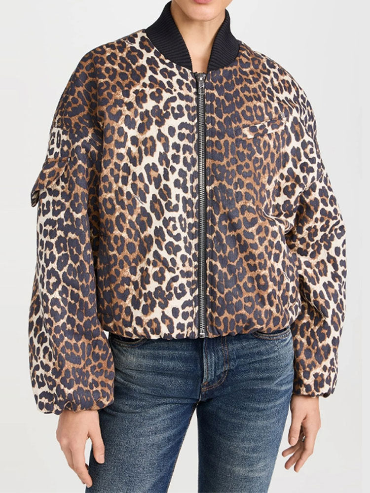 Leopard Print Patchwork Stand Collar Jacket