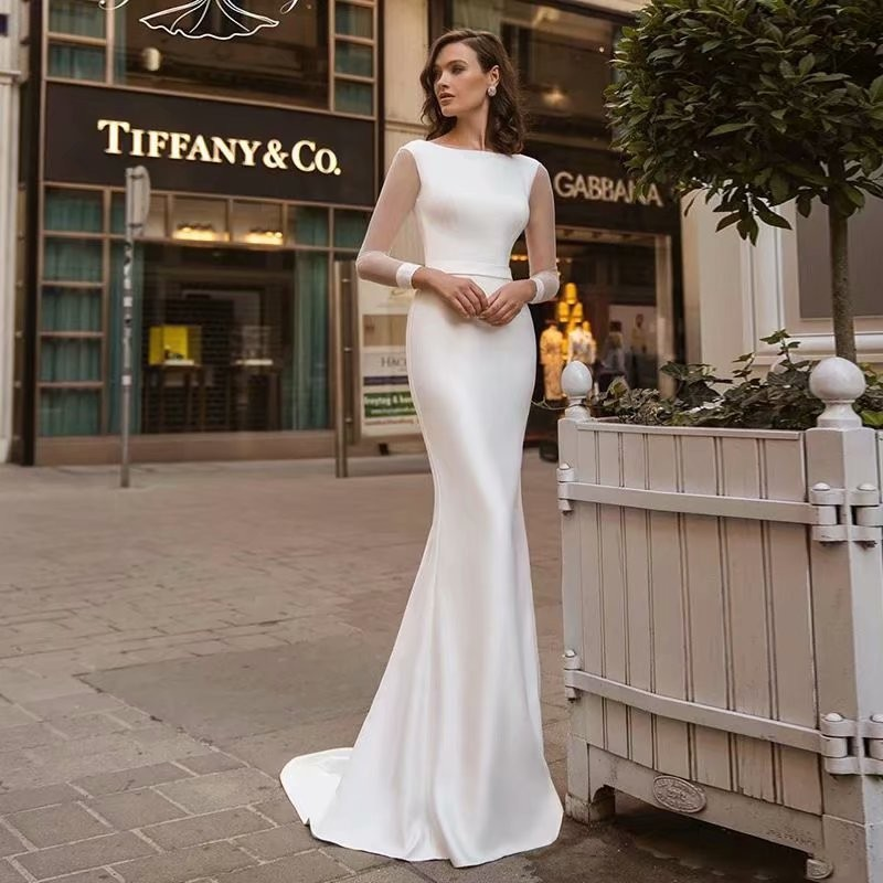 Scoop Neck Long Sleeve Sweep Train Satin Bridal Gowns