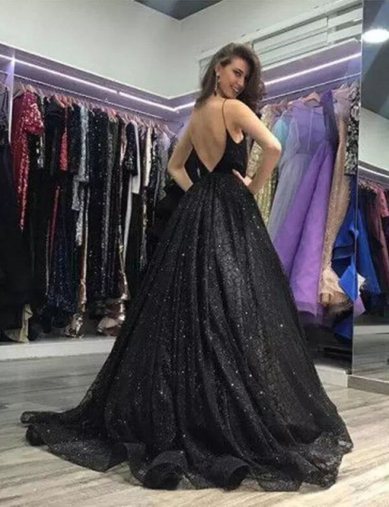 Black V-Neck Sequined Split Prom Dress