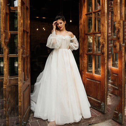 Ivory Mesh Lace Off Shoulder Heart Neckline Wedding Dress