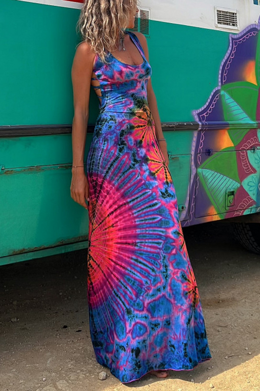 Tie Die Printed Backless Sleeveless Maxi Dress