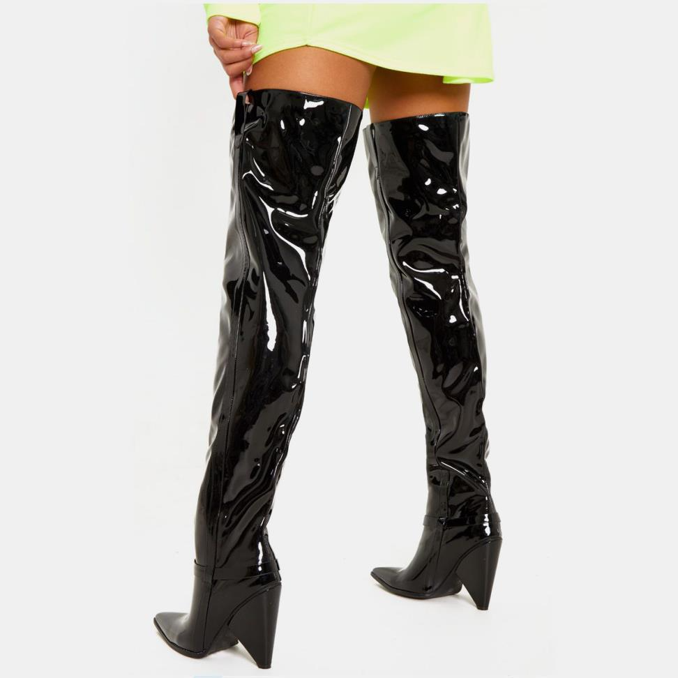 Black Bright Patent Leather Cone Heel Thigh High Boots