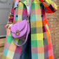 Color Plaid Urban Long Sleeve Trench Coat With Belt