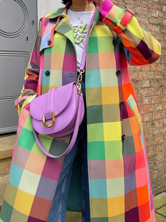 Color Plaid Urban Long Sleeve Trench Coat With Belt