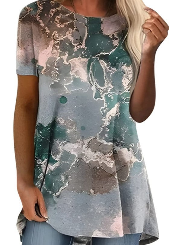 Marbling Print Crew Neck Short Sleeves T-shirt