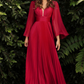 Pleated V-Neck Illusion Sleeves Prom Maxi Dress